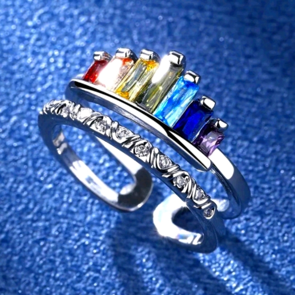 Rainbow Crown Multicolor Gemstones Silver 925 Ring - Adjustable Sizing